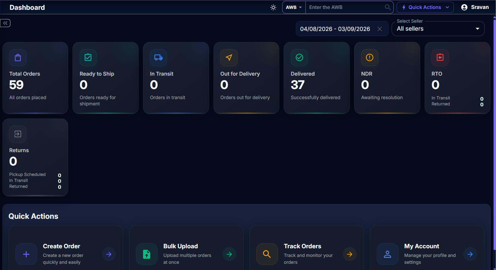 ShipMyOrder dashboard showing order status cards and quick actions